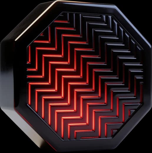 An octagonal seal, its engraved path lit from within.